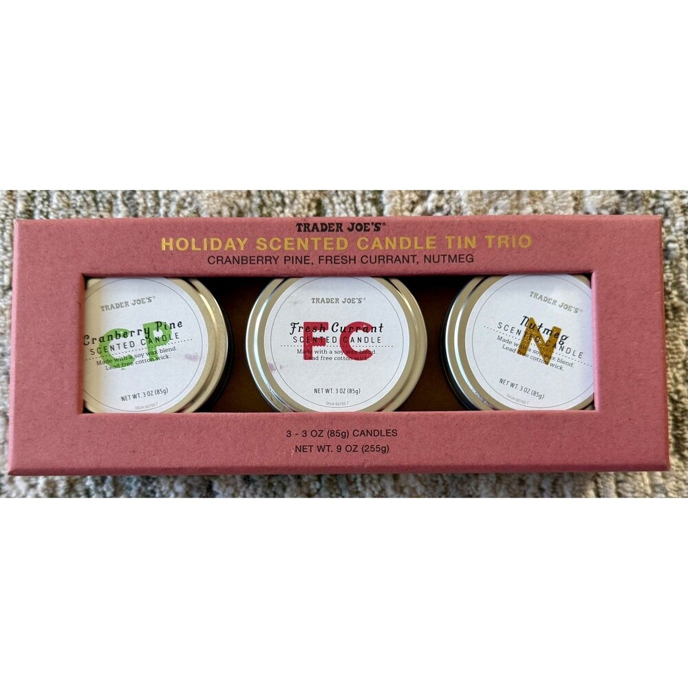 Trader Joe's Holiday Scented Candle Tin Trio Cranberry Pine Nutmeg Fresh Currant